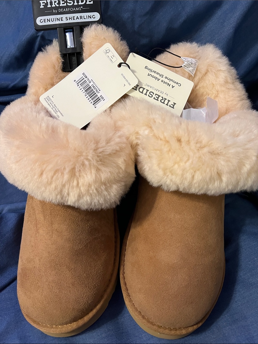 dearfoams Chestnut Suede Slip-On Slippers with Cream Shearling Cuff
